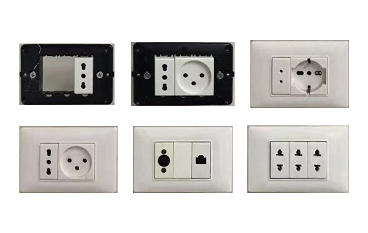 Wall switch. Realistic plug collection. Vector single and panel power electrical socket, light switch and cable inlet different type